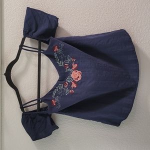 Blue Rain Floral Embroidery Blue Adjustable Straps and Cap Sleeve Top (S)